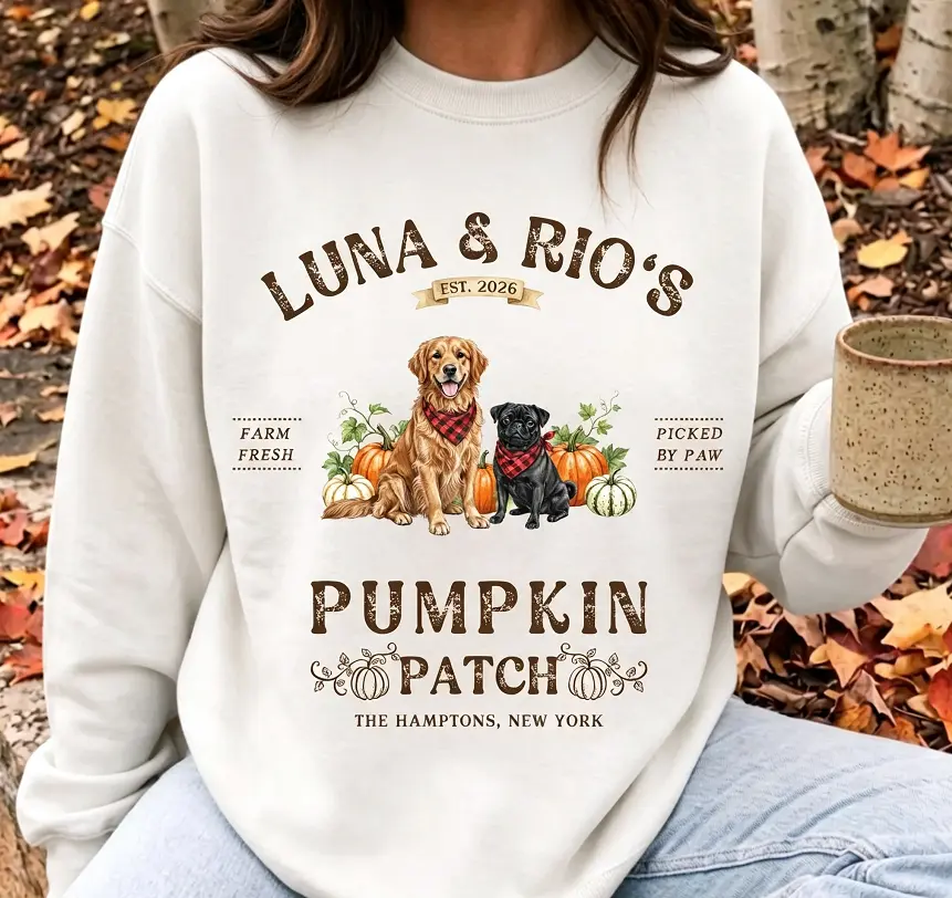 SohoChic Luna & Rio's Pumpkin Patch Golden Retriever Pug Dog Fall Graphic Crewneck Sweatshirt Autumn Pullover