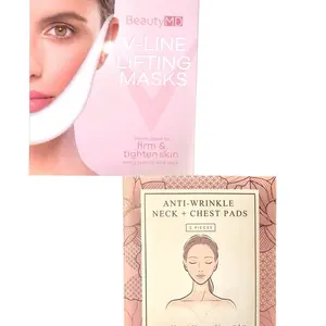 Anti-Wrinkle Reusable 2-pc Neck +Chest Pads,PLUS 5-pc Beauty MD V-Line Lifting Masks Formulated to Firm & Tighten Skin, Medical Grade Silicone,Skincare Set-Skin Repair