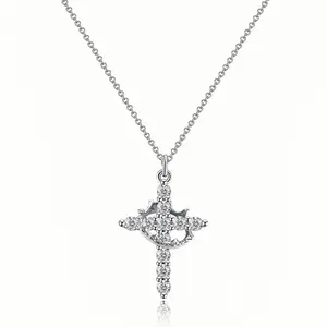 925 Sterling Silver Crown Cross Necklace for Women Teens, Dainty Cubic Zirconia Pendant Simple Faith Cross Jewelry Necklace