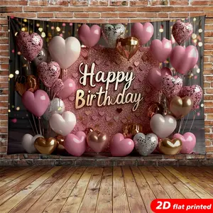 Pink Heart Happy Birthday Tapestry Wall Hanging - Romantic Balloon Confetti 2D Flat Printed Backdrop, Aesthetic Home Decor Gift for Women’s Birthday Parties, Photo Booths prop studio