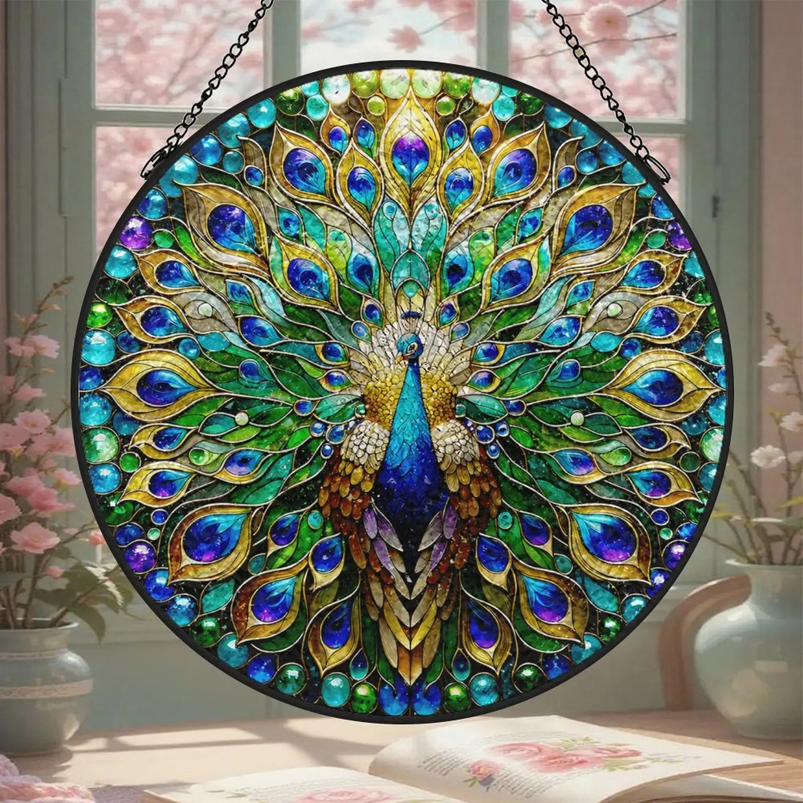 Decorative Stained Glass Peacock Suncatcher - 3.5in/6.3in/7.8in Window Hanging Ornament with Metal Paint, Light Cushion, Indoor-Outdoors Home Decor, Ideal Gift for Women