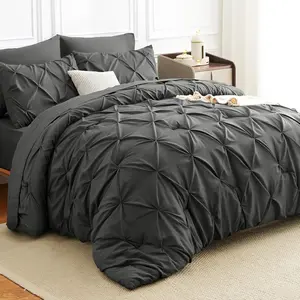 Pintuck Bed in a Bag, 7 Pieces Queen Size Comforter Set Dark Grey, Pleat Bed in a Bag, Soft All Season Bedding Sets with Comforter, Flat Sheet, Fitted Sheet and Pillowcases & Shams