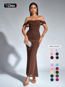women's off the shoulder ruched draped backless bodycon dress, chic elegant slim fit zipper back long dress for party club dating wear, ladies summer clothes, womenswear, wedding dress, formal wear