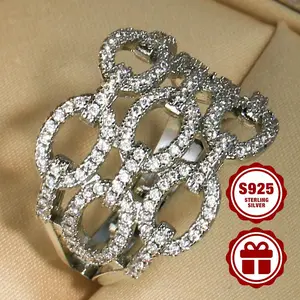 925 Sterling Silver Ring - Hollowed-Out Interlocking Rings, Multi-Layer Chain-Shaped Design, Fully Set with CZ, Suitable for Daily Wear & Gift Options