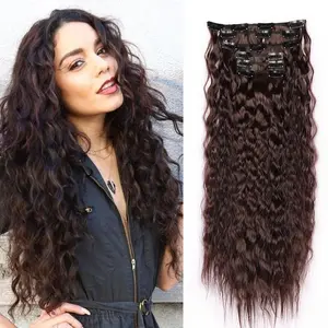 6PCS Clip in Hair Extensions 22" Synthetic Long Curly Wavy Hair Extensions Natural Thick Deep Wave Hairpieces for Women Chocolate Brown Color