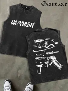 GAME.ACE Retro Washed Black Sleeveless Tank Top, Featuring Bold "IN DRACO WE TRUST" Lettering and Weapon Parts Graphic Print, Casual Streetwear, 100% Cotton Breathable Unisex Vest, Ideal for Daily Wear, Casual Outings, Streetwear Meetups
