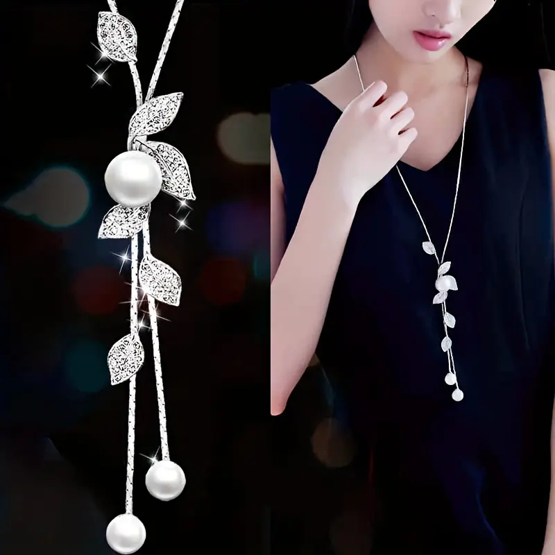 Women's Imitation Leaf-Shaped Long Chain Necklace - Metal Chain Jewelry Necklaces with Artificial Pearl & Tassel Pendant, Single Strand for Daily Wear, Casual Use