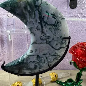 Moss Agate Moon on Stand  Growth, Grounding & Abundance  Crystal of Renewal, Nature Energy & Emotional Balance
