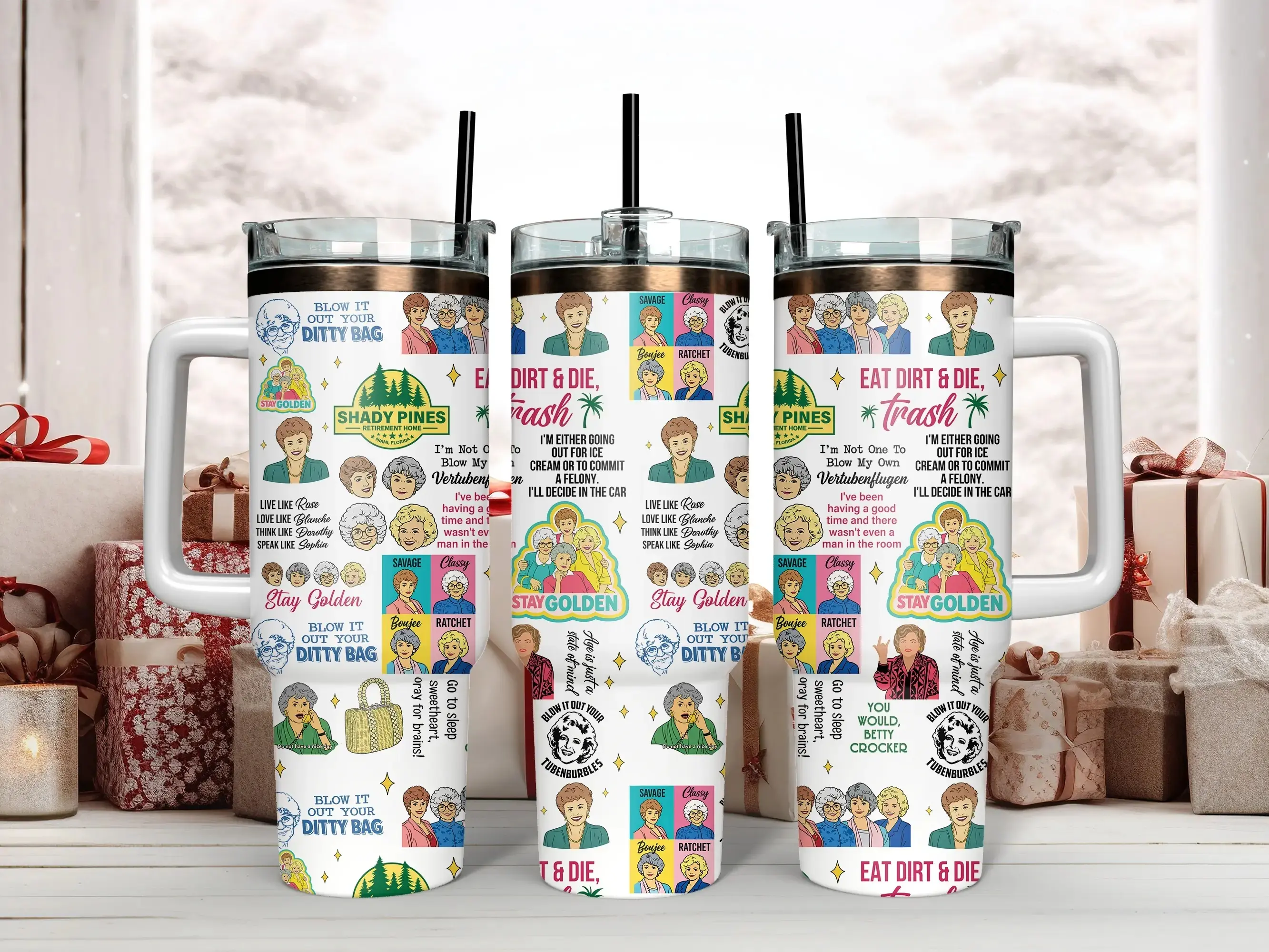 Classic The Golden Girls Reusable Insulated Stainless Steel Tumbler Collection - BPA-Free, Dishwasher-Safe Lid, Hand-Washable Handle Cups, Straws, Iconic Quotes (Blanche,Rose,Dorothy,Sophia) - Versatile Collectibles for Road Trips, Sitcom Fans