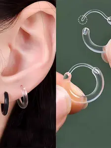 2 Piece Set & Transparent Resin Hoop Earrings, Dainty Lightweight Hoops, Invisible Studs for Casual Wear, No Piercing Needed, Comfortable Fit