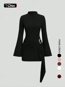 Women's Stand Collar Cinched Waist Minimalist Flare Sleeve Bodycon Midi Dress