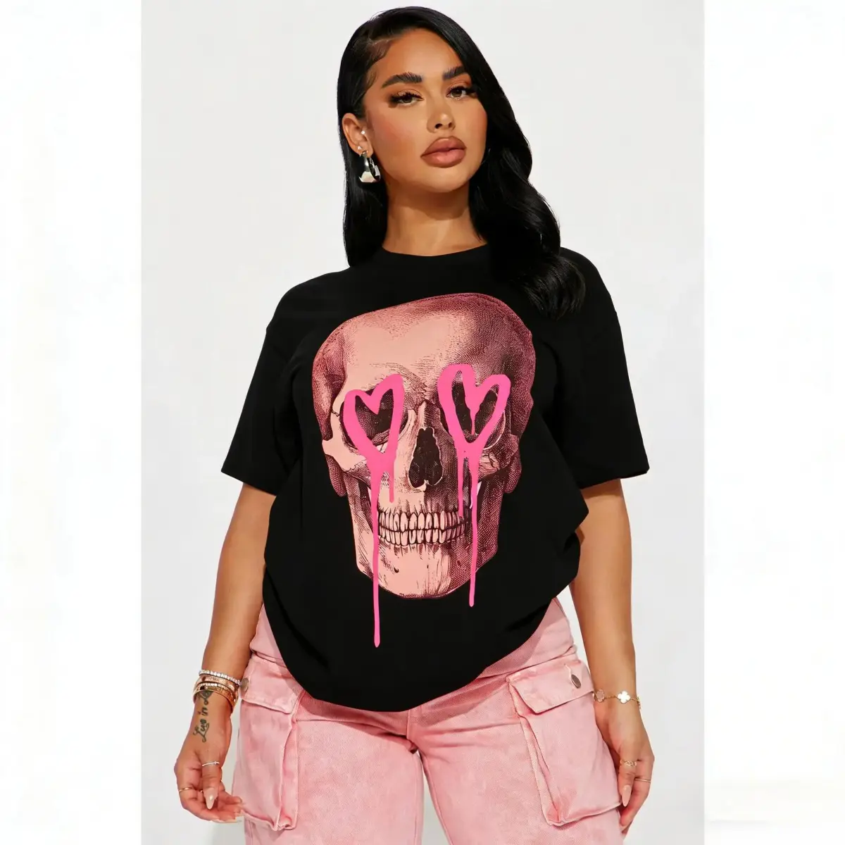 Women's Oversized Cotton Ribbed Breathable Graphic Tee - Pink Dripping Heart Eyes Skull Print, Gothic Unisex Goth Streetwear, Vintage Retro Boxy Fit Casual Top, Skull Lover Everyday Style Gift,coucou,padres,fem,custom,womens,trend,camisas,shirts,perfect