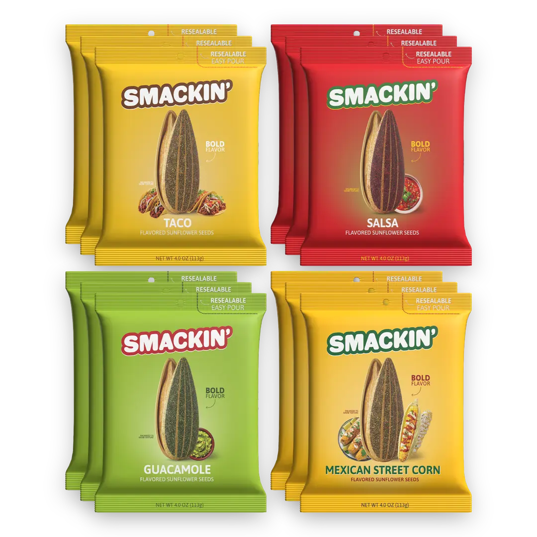 SMACKIN' Sunflower Seeds FIESTA PACK - 12 Resealable 4 OZ Bags of GUACAMOLE, SALSA, and TACO (3 of EACH)