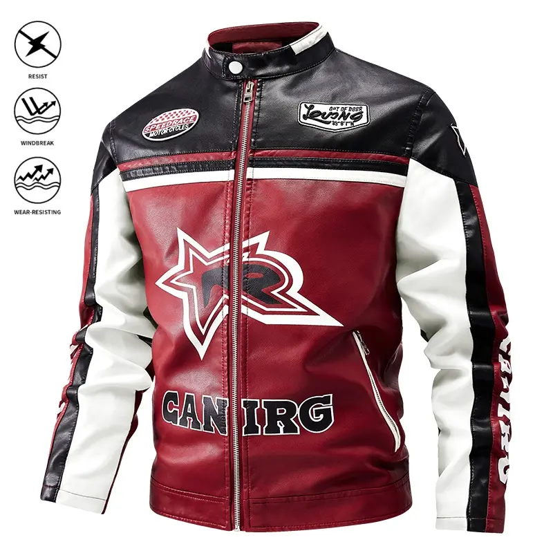 Men’s stand collar biker leather jacket for autumn everyday wear; color-block design with pentagram letter print, patch badges, and zipper detailing; retro racing-style color-blocked leather jacket suitable for festive outfits.