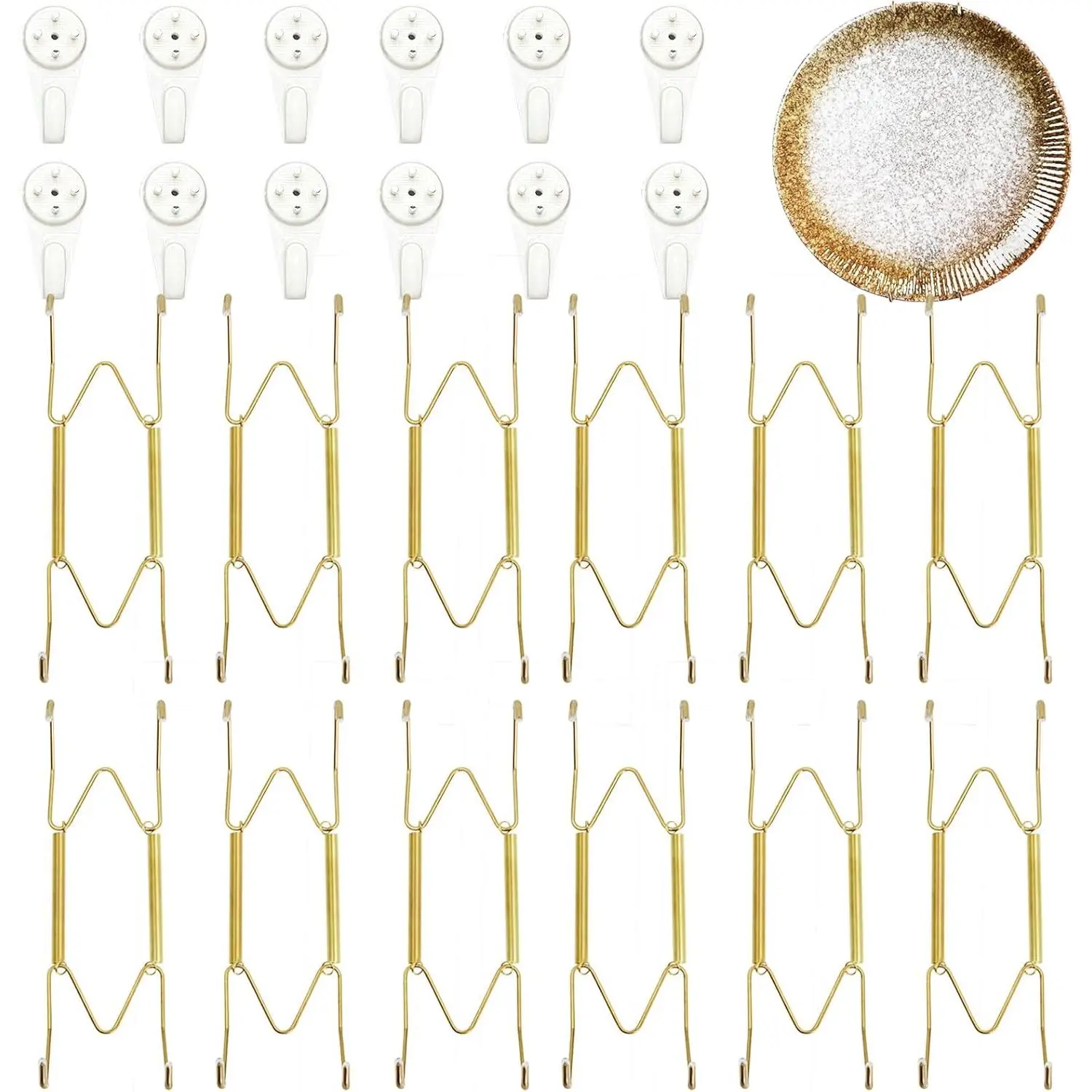 Plate Hangers for The Wall, Suitable for 6-8 Inch Wall Plate Hangers for Display 12 Pack Stainless Steel Invisible with Invisible Nails for Displaying Plates Decorative(Gold)