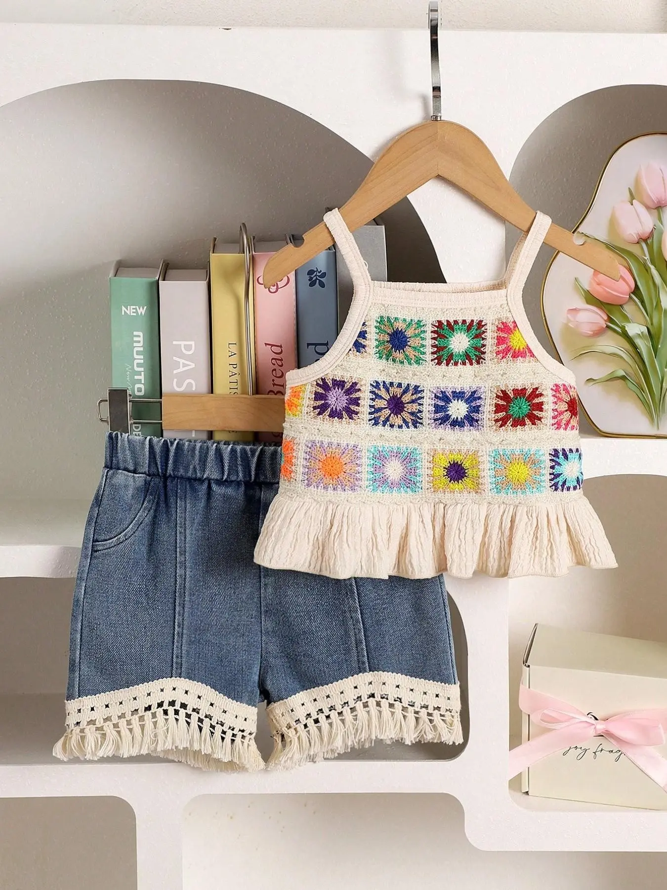 Boho Baby Girl 2-Piece Set Baby Clothing, Colorful Crochet Leaf Hem Tank Top + Fringe Jeans Shorts, Casual Vacation for Kids, Summer Gift Set, Outfits