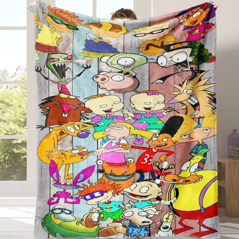 90s Nostalgic Cartoon Collage Flannel Fleece Blanket - Iconic Retro Pop Culture Characters Print, Breathable Soft Comfy Cozy Throw, Decorative Sofa Blanket for Living Room, Travel Gifts, Breathable Soft Blanket
