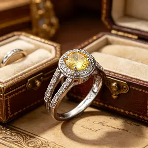 Luxury Yellow Crystal Engagement Ring for Women Elegant Halo Rhinestone Promise Ring