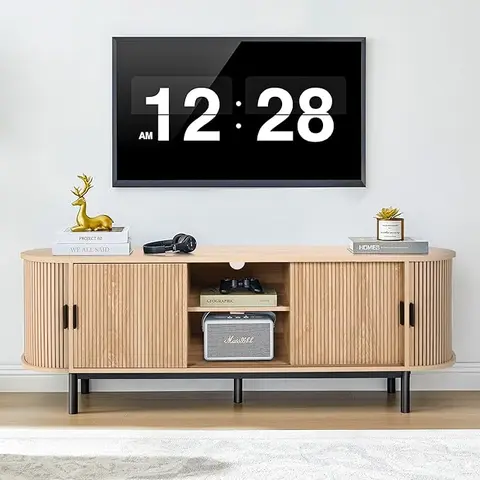 FurSch 62" TV Stand,Wood Mid Century Modern TV Cabinet for Up to 65“ TV,Curved Edge Long TV Stand with Storage for Bedroom Living Room Furniture