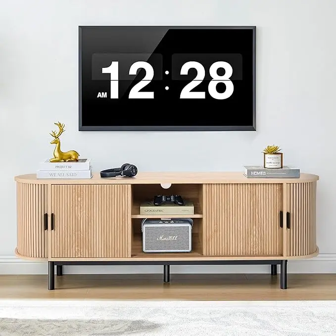 FurSch 62" TV Stand,Wood Mid Century Modern TV Cabinet for Up to 65“ TV,Curved Edge Long TV Stand with Storage for Bedroom Living Room Furniture