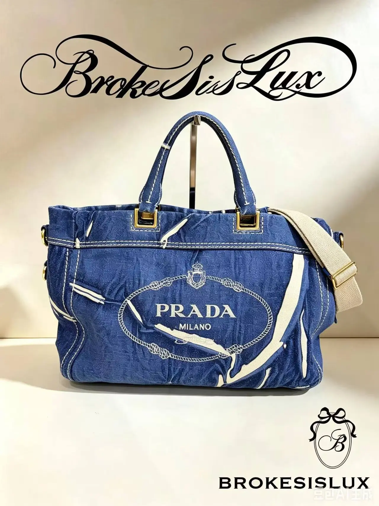 Pre-owned PRADA Blue Distressed Denim Logo Tote Bag, White Embroidered Milano Crest, Gold Tone Hardware, Detachable Canvas Crossbody Strap