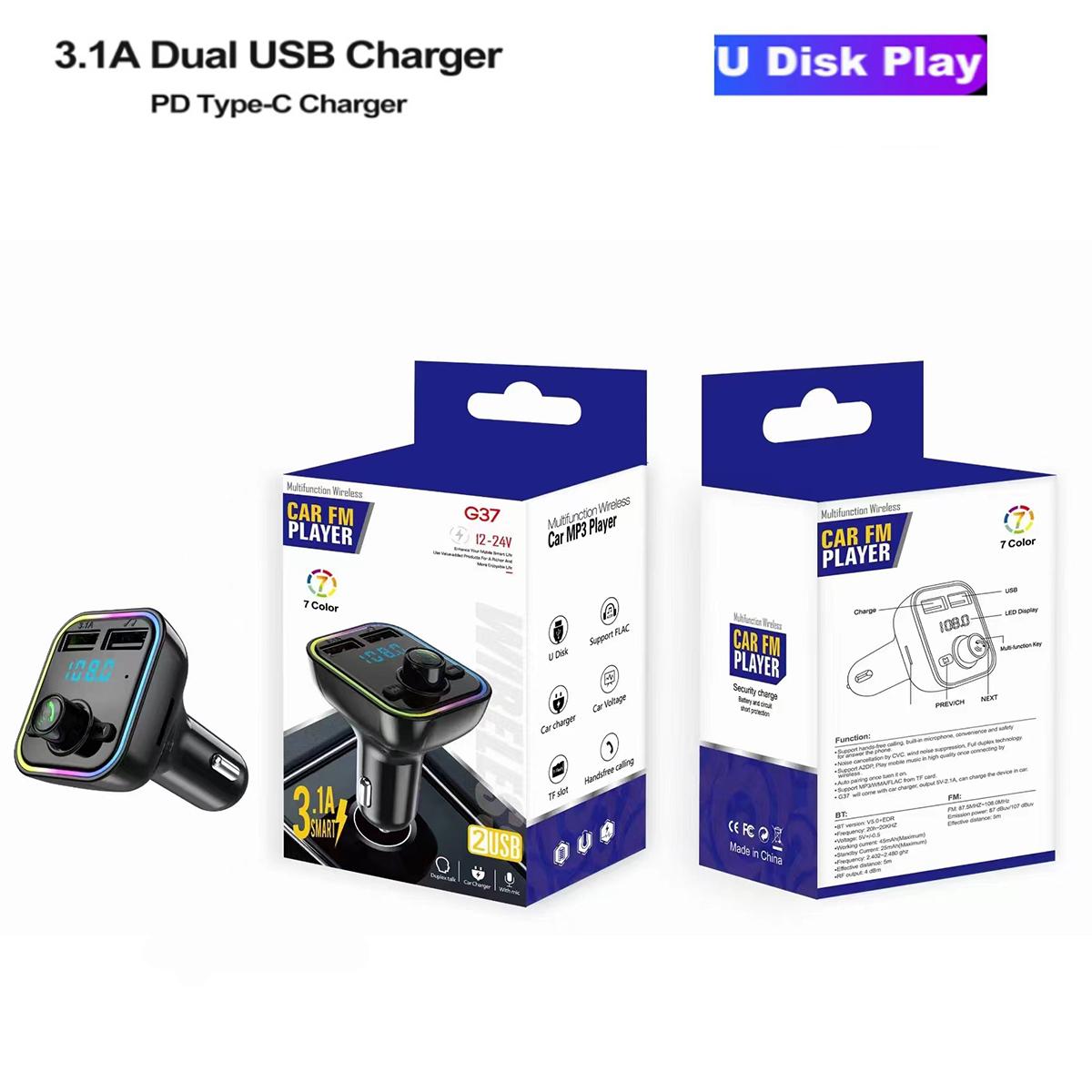 Car MP3 Player with Bluetooth 5.3 FM Transmitter, 7-Color RGB LED Light, PD/USB-C Fast Charger, Supports TF Card & USB Disk, Lossless Audio Sync Car Essentials