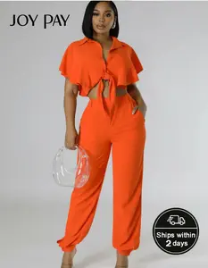 JOYPAY Women's Bold Red Tie-Front Crop Top & High-Waisted Pants Set Casual Breathable Fabric Flattering Fit Chic Versatile Basic Suits - Style