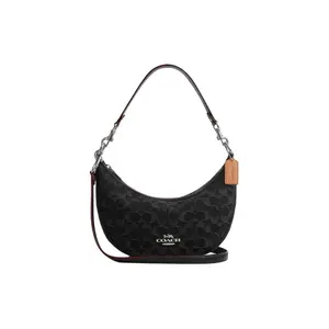 COACH Aria 26 Classic Monogram Denim Crescent Crossbody Bag for Women, Gold-Tone Hardware, Black