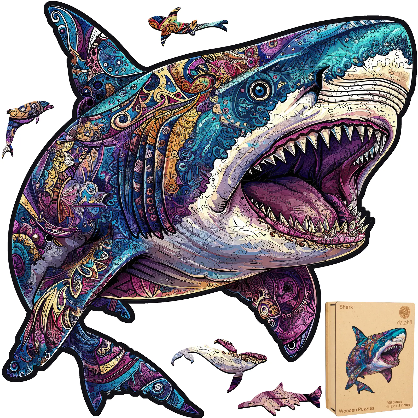 Delobil Premium Wood Animal Shape Puzzle - 200-Piece Advanced Brain Teaser for Adults (Ages 8+), Leisure Toy with Puzzle Saver, Bold Ocean Themed Home Decor Piece, Family Activity Gift