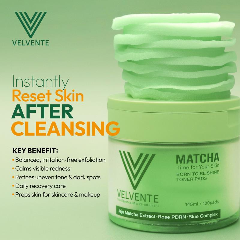 Velvente Matcha Korean Skincare PDRN Polish Toner Pads for Redness, Acne-Prone Skin, Dark Spot Brightening & Slow Aging, Korean Multi-Function Soothing Pore Refining, Exfoliating, All Skin Friendly | 100 Pads , Self-Care Set for Her