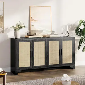 4-Door Sideboard Buffet Cabinet, Natural Rattan Storage Cabinet, Boho Entryway Console Table, Coffee Bar Station for Dinning Room, Living Room, Kitchen