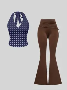 Fashion Summer Sleeveless Halter Polka Dot Slimming Top, Foldover Drawstring Flared Pants Set, Two-Piece for Women Womenswear