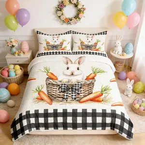 Cute Rabbit Kids Duvet Cover Set,Carrots Happy Easter Spring Bedding Set,Girls Boys Room Decor,Geometric Grids Patchwork Comforter Cover,Colorful Cartoon Quilt Cover