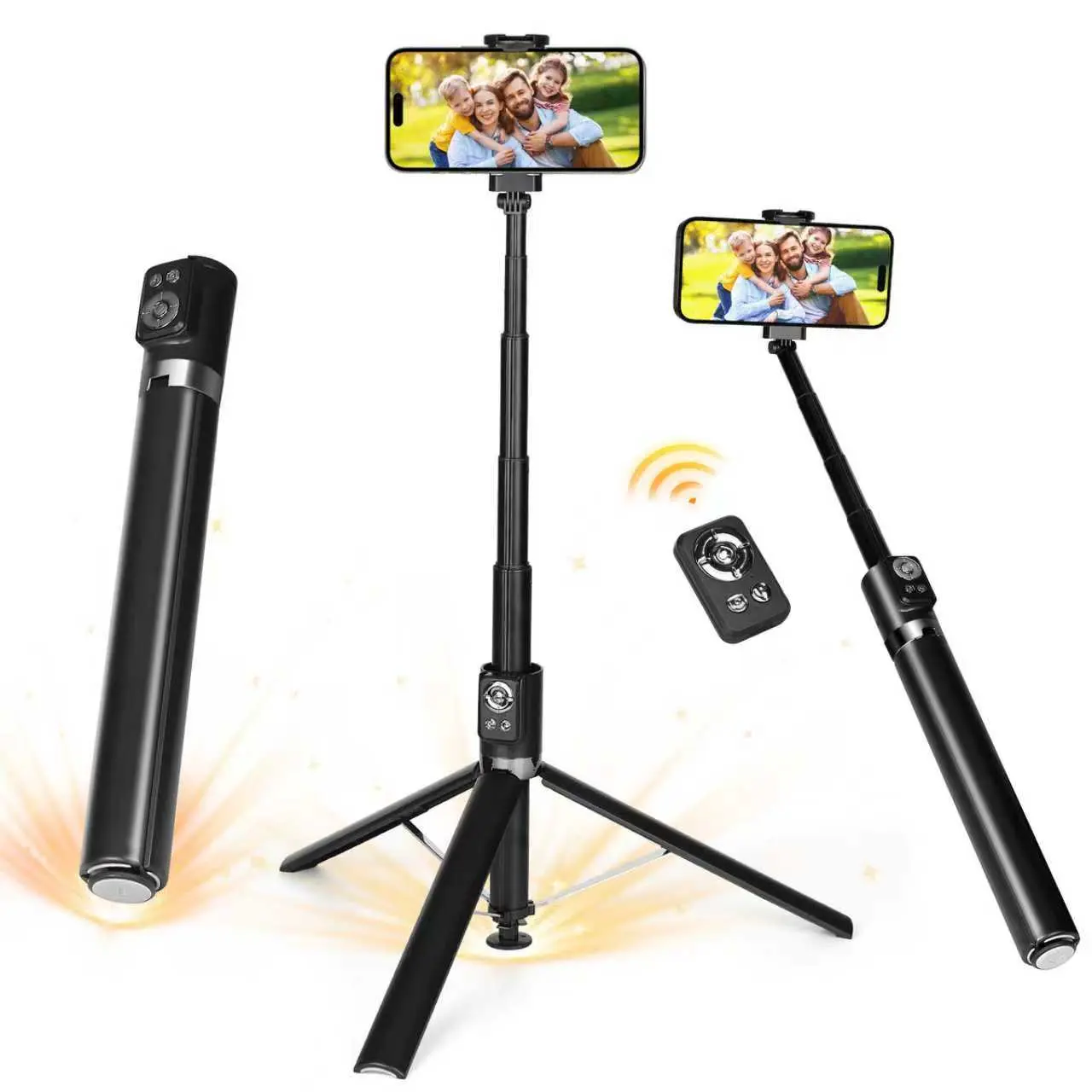 70.8in Auto-Open Selfie Stick Tripod, 360° Rotatable Bluetooth Smartphone/Cellphone Stand with Remote, 1-Click Foldable Travel Tripod for iPhone Android Video Recording, Silicone Phone Accessories tripod for iphone