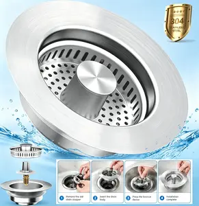 Solid Metal Kitchen Sink Filter Plug Combo, Stainless Steel Sink Catcher All-Purpose Sink Bounce Core Drain Stainless Steel Sink Fitting Sink Drain Guard 3-in-1, drain gap, removable stainless steel strainer basket