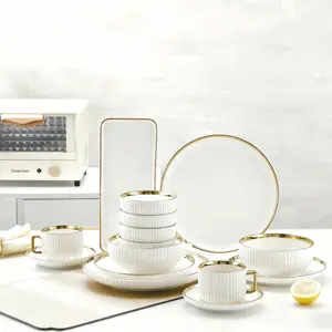 12-Piece Ceramic Dinnerware Set, Vertical Stripes, Suitable for 6 People, Includes Plates Bowls, Dishwasher & Microwave Safe