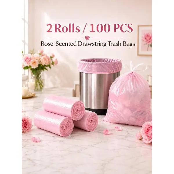 Pink Rose Scented Drawstring Trash Bags, Hanging Tear-Free Bin Liners, Thick Heavy Duty New PE Garbage Bags, 2 Rolls 100 Count Total, 17.72×17.72 Inch for Kitchen Bathroom Bedroom Home