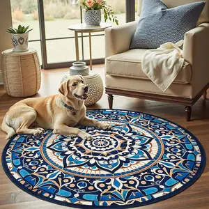 Mandala Round Rug 5ft Blue Boho Washable Rug Moroccan 5' Round Modern Peaceful Circle Rug Soft Non Slip Low-Profile Carpet for Living Room Bedroom Entryway Kitchen Patio, Golden Navy