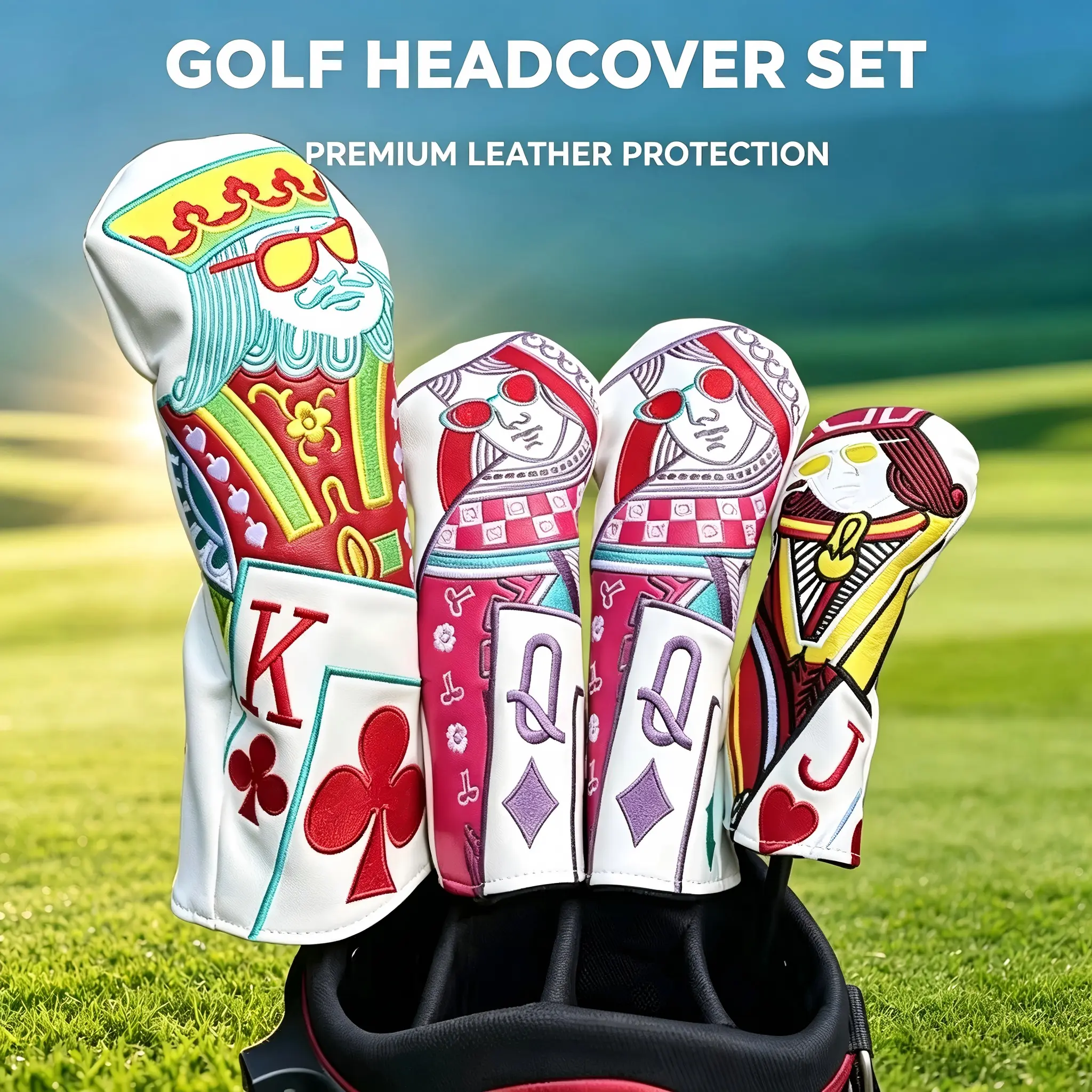 A golf club head cover embroidered with the patterns of the poker cards J, Q and K - Magnetic Buckle Closure | Fits Hybrid, Driver, Fairway Wood & Iron Clubs