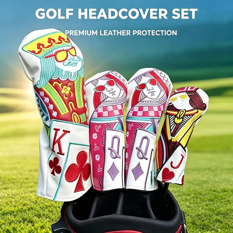 Sports Golf Club Head Cover - Embroidered Poker Jack, Queen, King Designs, Magnetic Close, One Size Fits Woods/Irons, Unisex Adult Golf Accessory, Wood-Q (Black)