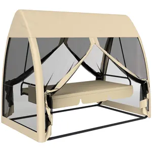 3 Seat Outdoor Swing Chair – Convertible Covered Day Bed with Canopy, Mesh Netting, Steel Stand, Fully Cushioned, Side Pocket, 660 lbs Capacity, for Garden, Patio, Coffee