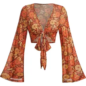 Women's Boho 70s Tops Tie Front Bell Long Sleeve Floral Print Mesh Sheer Blouse Crop Tops Shirts Womenswear Fitted Bohemian women's summer outfits going tops office outfits women 90s graphic tees Blue basic tops