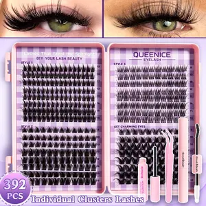 392pcs Individual Lash Clusters EyelashExtension Kit with Glue Tweezers RemoverCream CC Curl Mixed 8-16mm LargeCapacity Home DIY Beginners Friendly