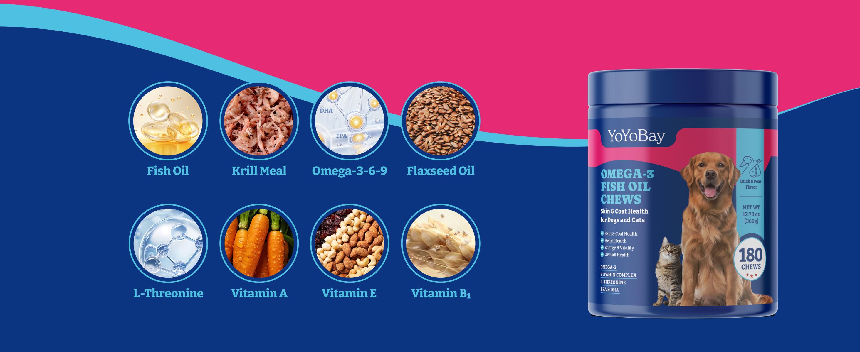 Fish Oil Chews for Dogs & Cats, YoYoBay Omega 3 Fish Oil for Dogs - Rich in Omega 3, 6, and 9 with Flaxseed Oil, EPA & DHA - 180 Soft Chews, Duck & Pear Flavor - Anti-Inflammation, Healthy Skin & Shiny Coat, Heart Health