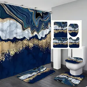 1/3/4PCS Abstract Blue Gold Marble Shower Curtain Set Modern Geometric Pattern Bathroom Decor Elegant Bath Curtain for Home Spa Hotel Lavish Artistic Design Bathing Privacy Screen