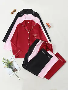 New Solid Color Lapel Long Sleeve Heart Embroidery Pajama pj sets for women, Casual Style Fitted Sleepwear for Ladies, Comfortable Nightwear, Loungewear