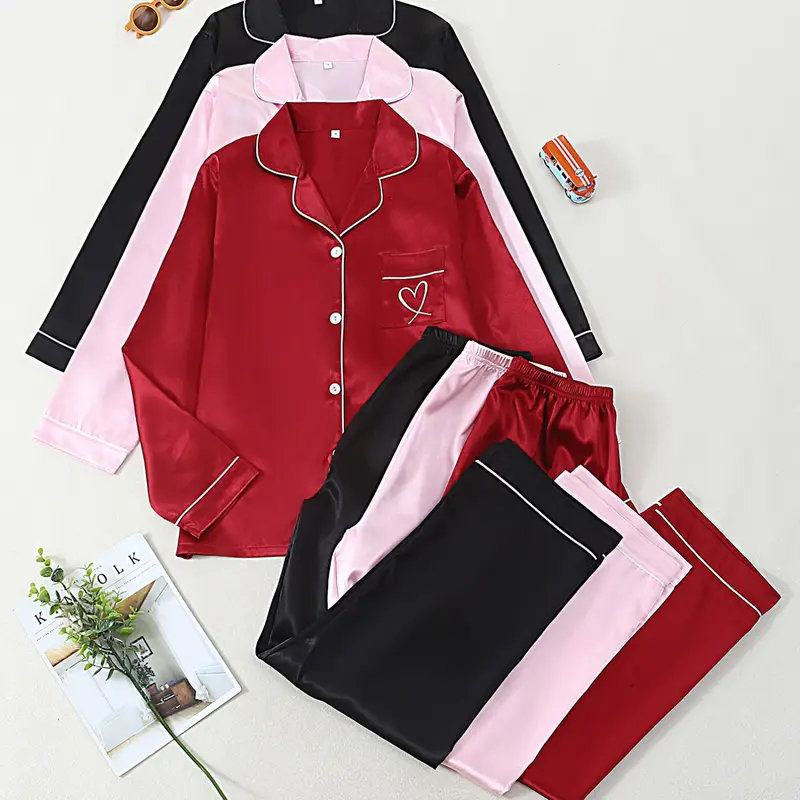 2026 New Plain Lapel Long Sleeve Heart Embroidery Women's Pajama Set, Loungewear, Casual Fashion Soft Fabric, Daily Home Wear Sleepwear