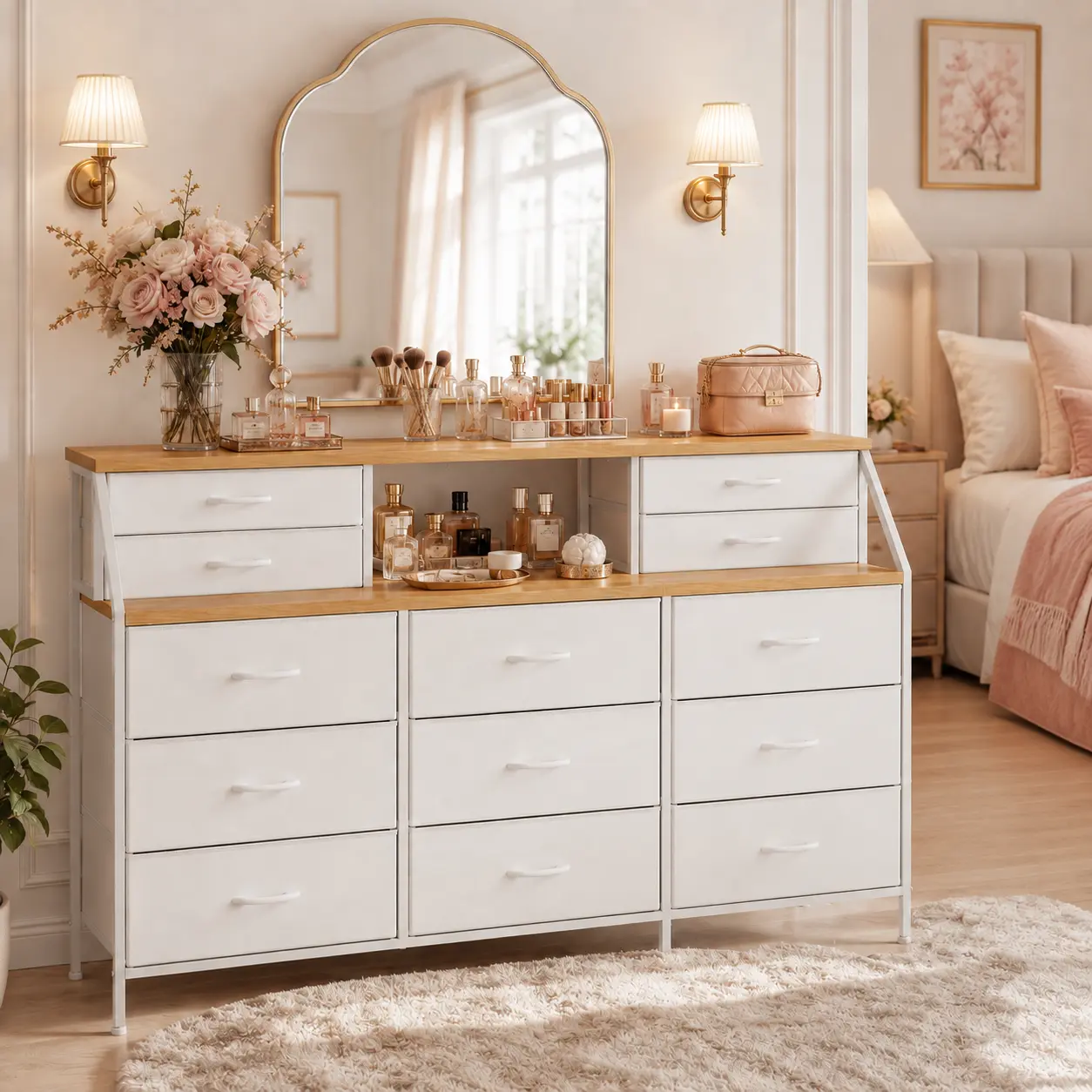 【Summer Sale】Raybee Pink Aesthetic Dresser for Bedroom & Closet, Cute 13 Fabric Drawer Storage Organizer Desk for Women Girls, Large Makeup Vanity Table with Display Shelf, Heavy Duty Wide Clothes Chest Storage Tower for Small Space Living Room Furniture,