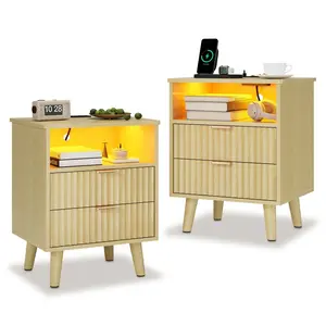 2PCS Smart Nightstand Set, Natural Oak Fluted Panel Wood Bedside Table with Charging Station, Stylish Indoor Furniture
