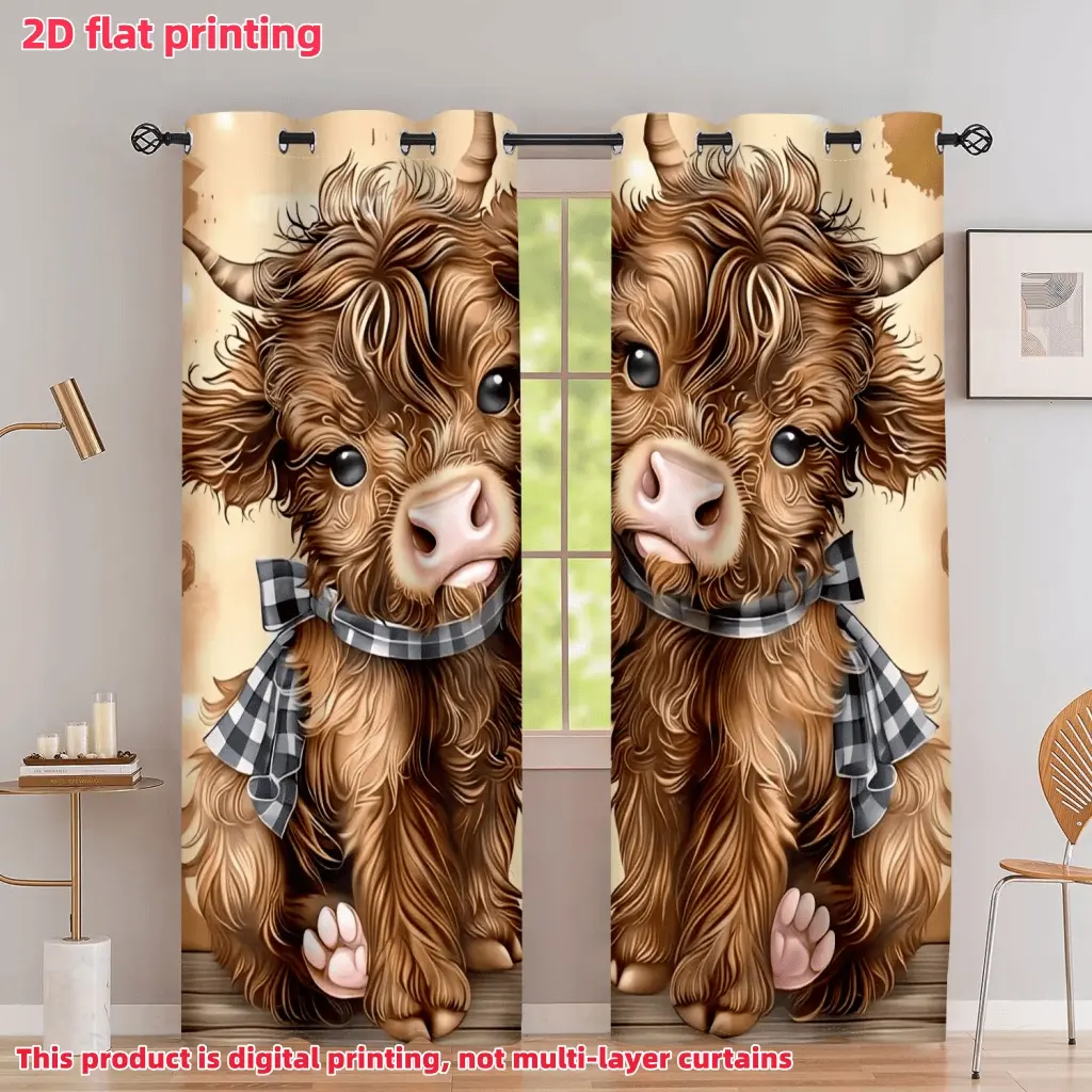 2D Flat 2Pcs Cute Fluffy Highland Cow Print Curtains with Plaid Scarf, Eyelet Semi-Sunshade Polyester Fiber Window Treatment Panels for Farmhouse Living Room, Bedroom, Dining, Kitchen Decoration, Accessory, Anti Privacy.